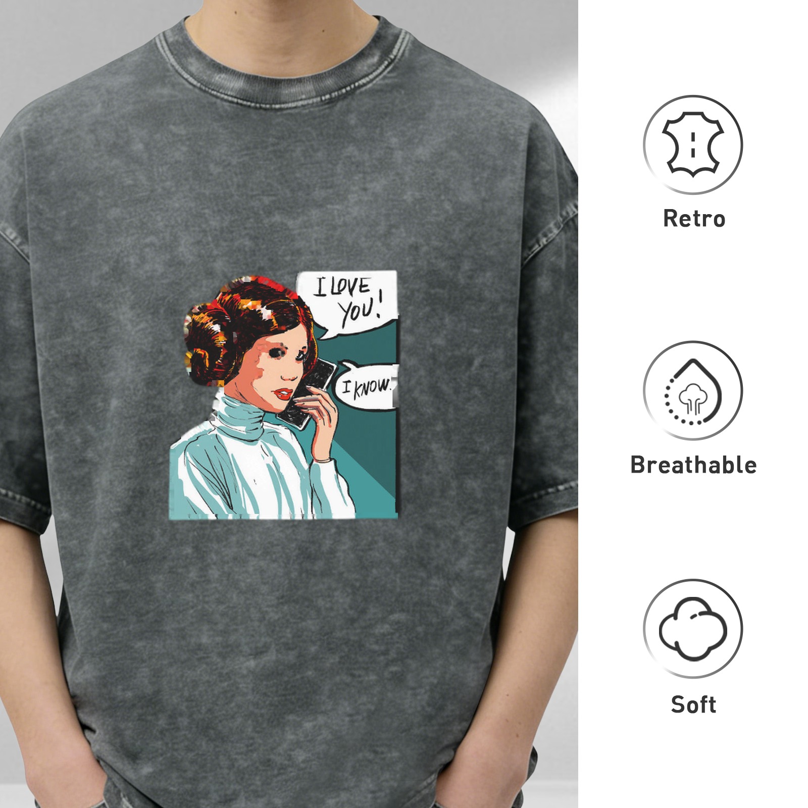 Washed Black T-Shirt with Princess Leia I Love You I Know Artwork
