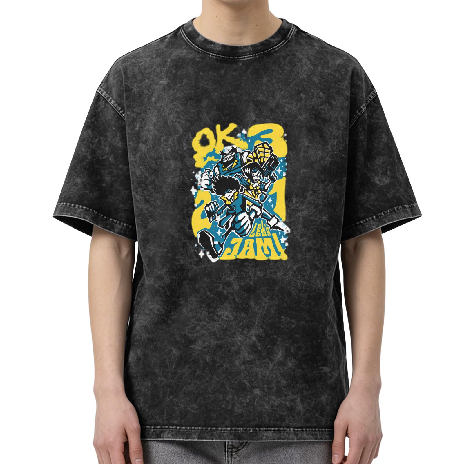 Distressed washed black loose short-sleeved T-shirt with cartoon animation style pattern and the words 