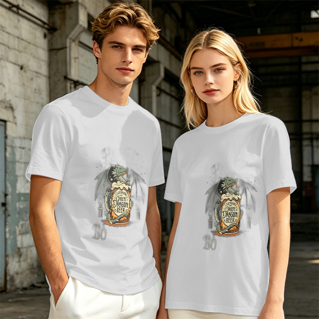 Olive Green T-Shirt with Dragon Beer Mug Graphic Print