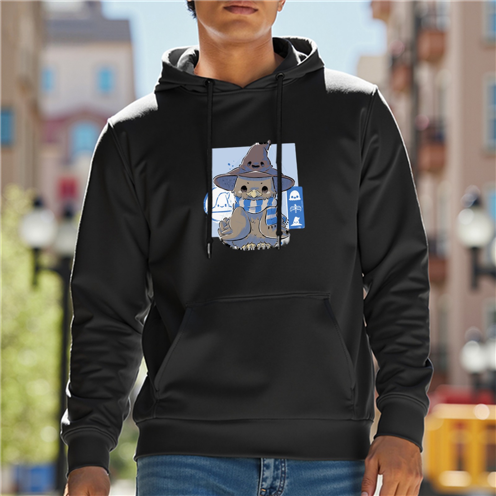 Black hoodie with cute wizard owl graphic design