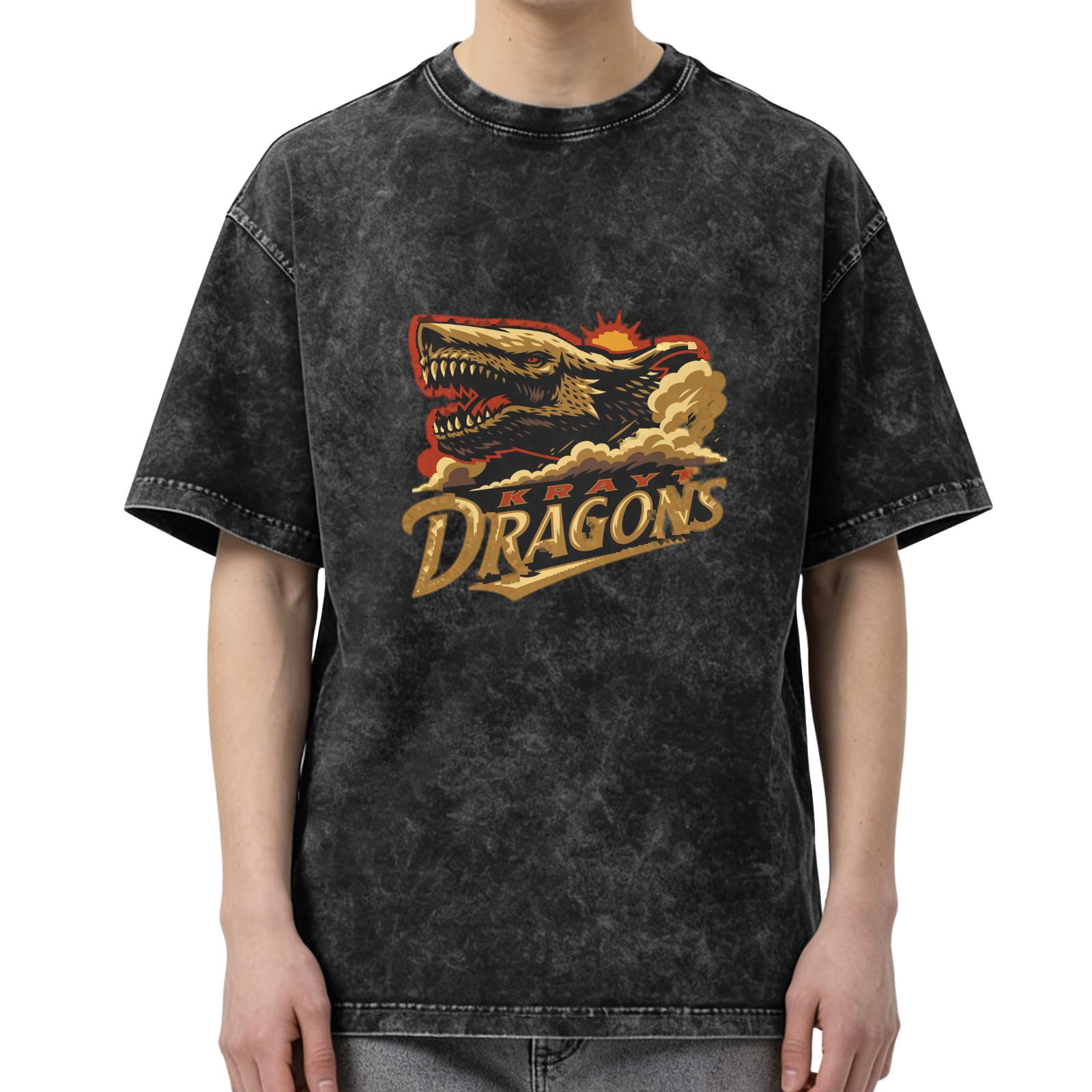 Oversized Acid Wash T-Shirt with Kray Dragons Graphic Print