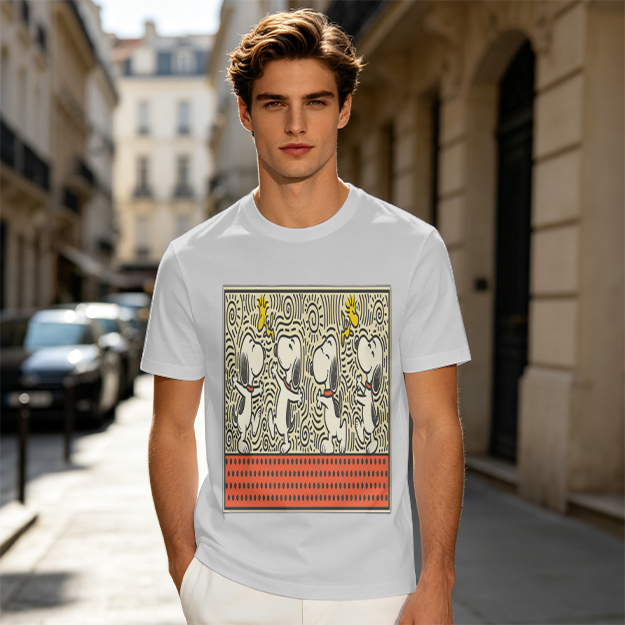 Olive T-shirt with dancing Snoopy and Woodstock graphic print