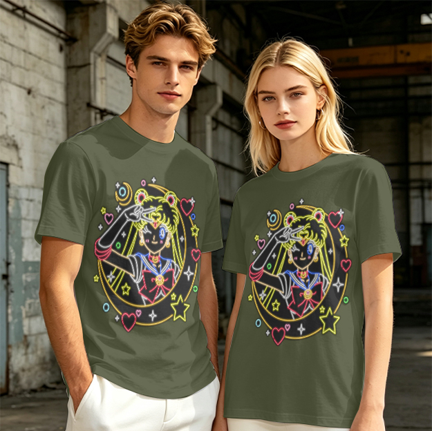 Olive T-Shirt With Neon Sailor Moon Graphic Print