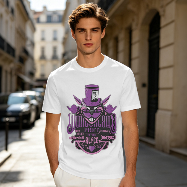 Olive T-Shirt with Wonderland Cheshire Cat Mad Hatter Print