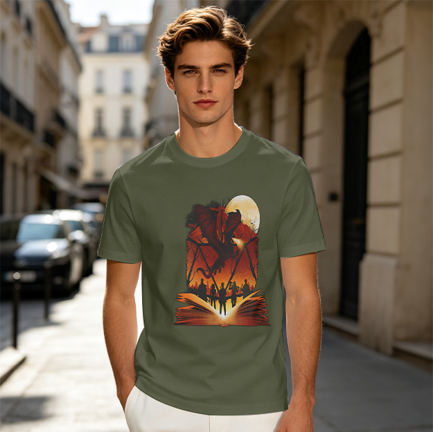 Olive T-Shirt With Fantasy Book Dragon And Silhouette Warriors Print