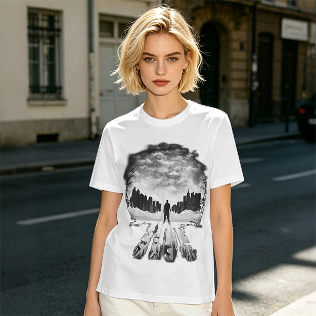 Olive Green T-Shirt With Skull Silhouette Cityscape Artwork