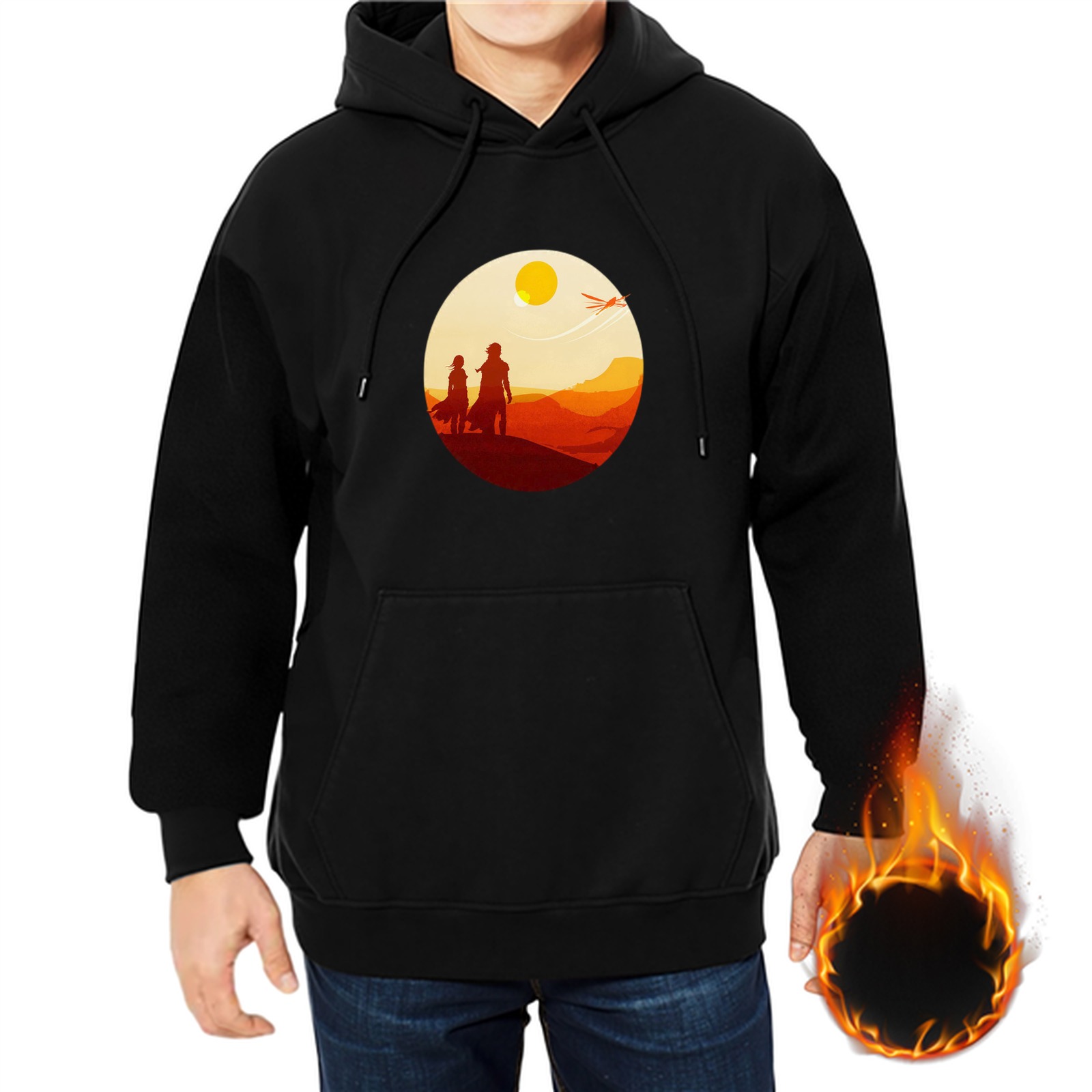 Black hoodie with desert sunset silhouette graphic of two figures