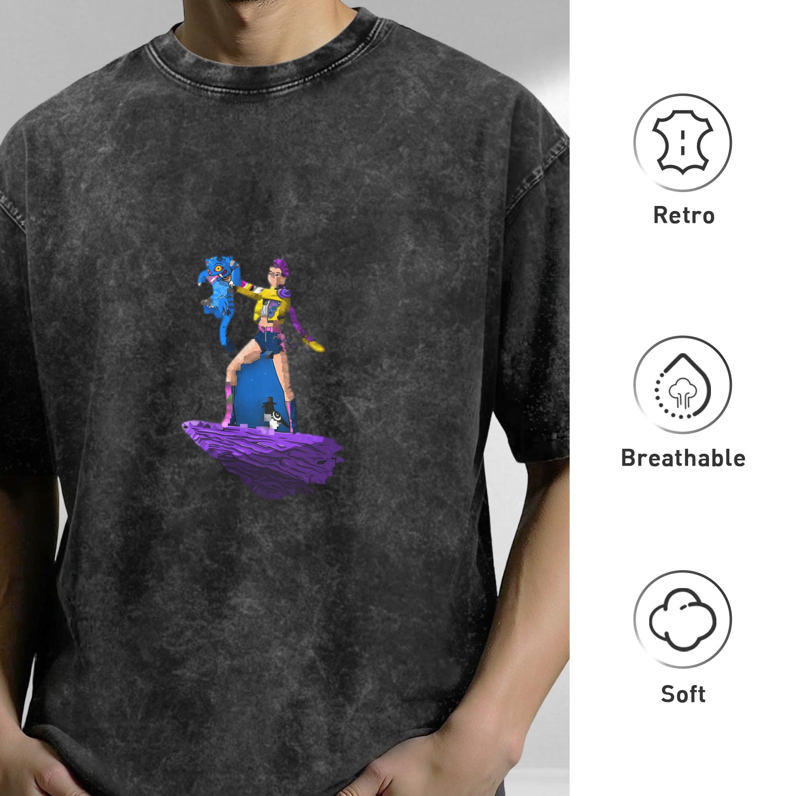 Washed black graphic t-shirt with floating character and creature print