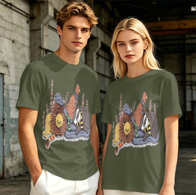 Olive Green T-Shirt With Whimsical Fantasy Creature Graphic Print