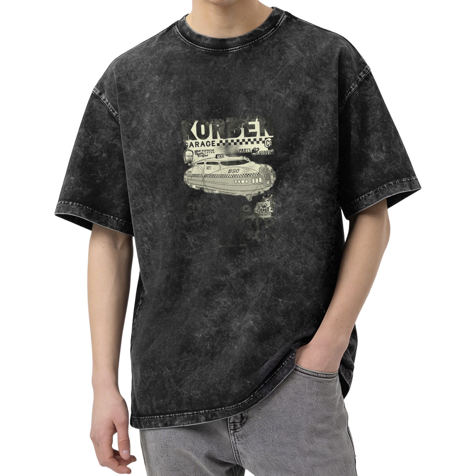 Washed Black Oversized T-Shirt with Retro Garage Taxi Graphic Print