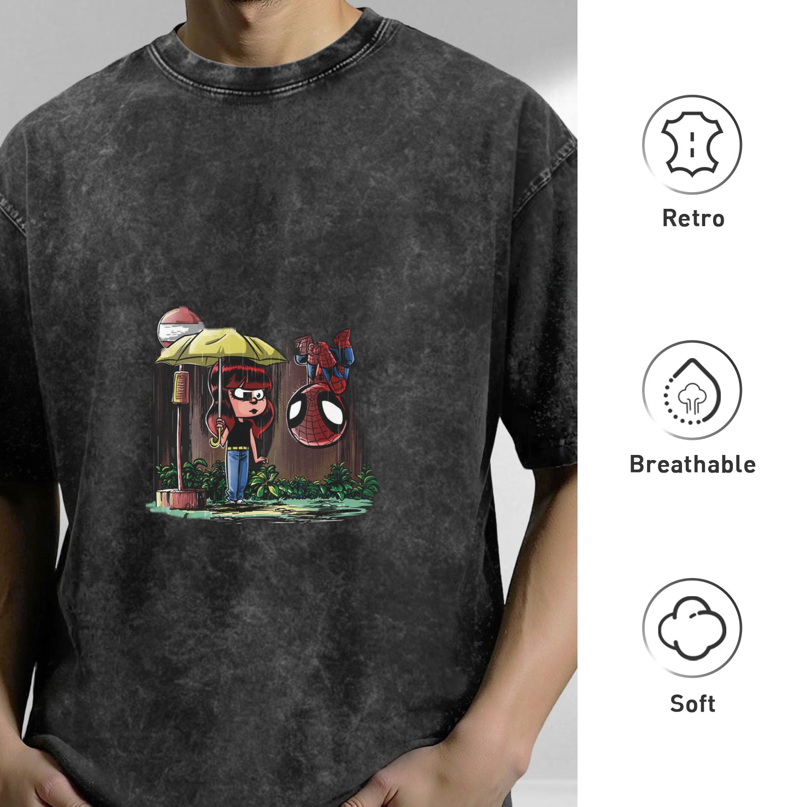 Washed black oversized t-shirt with Spider-Man and girl umbrella graphic