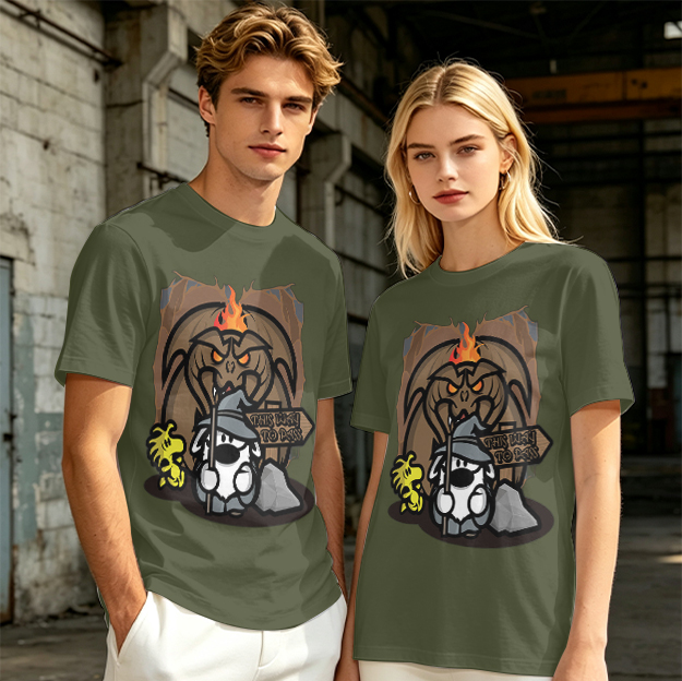 Olive t-shirt with wizard dog and dragon cave graphic