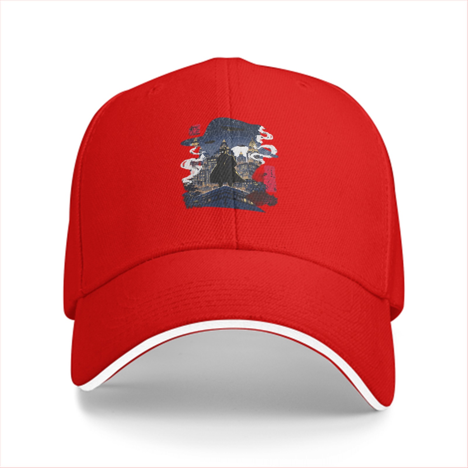 Black baseball cap with fantasy cityscape graphic print