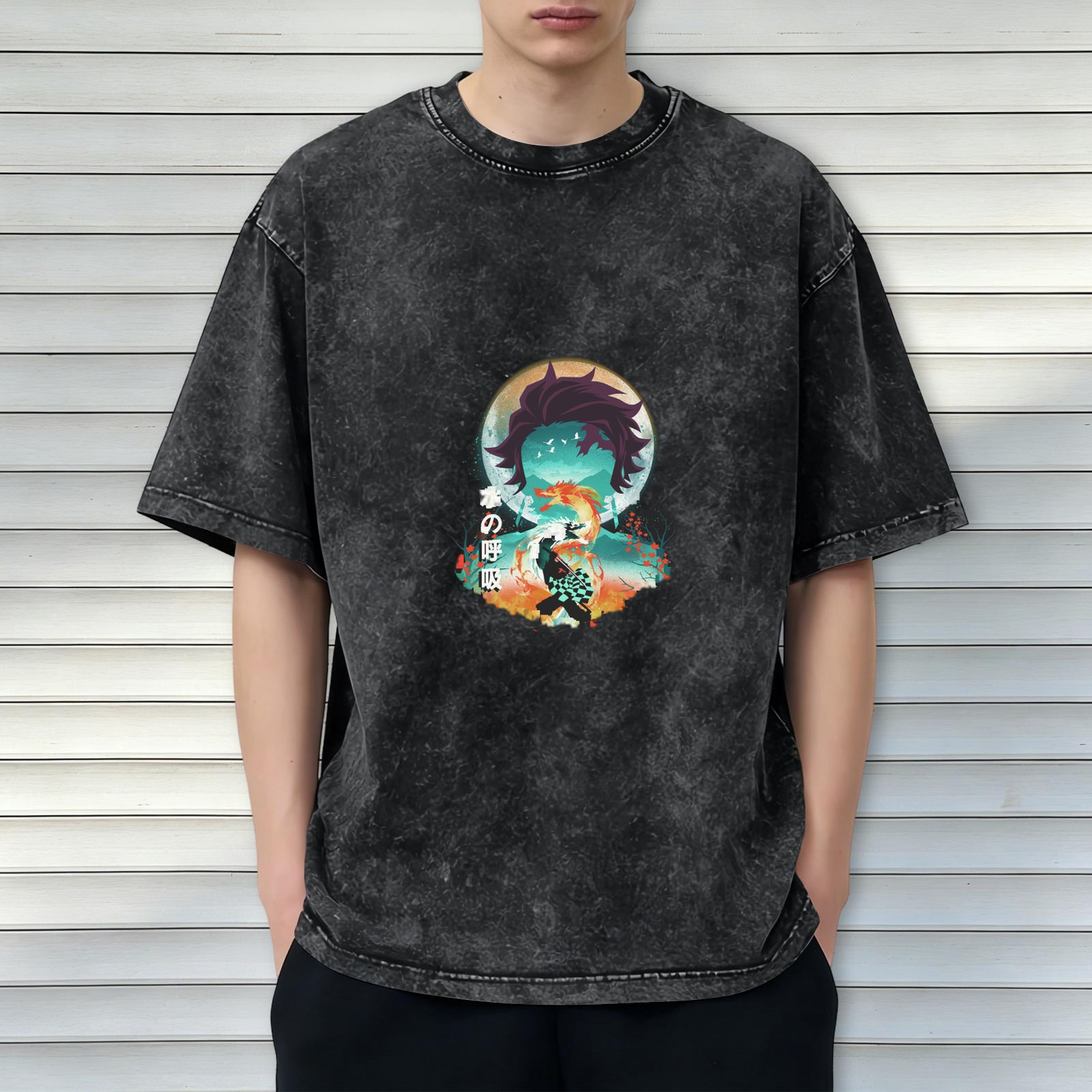 Demon Slayer Tanjiro Water Breathing Anime Graphic Oversized Acid Wash T-Shirt