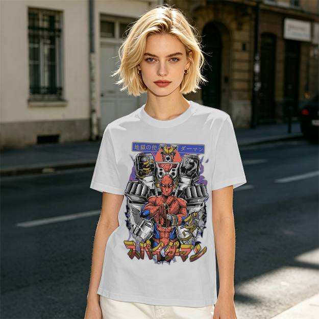 Olive T-shirt with Japanese Spider-Man Mech Graphic Print