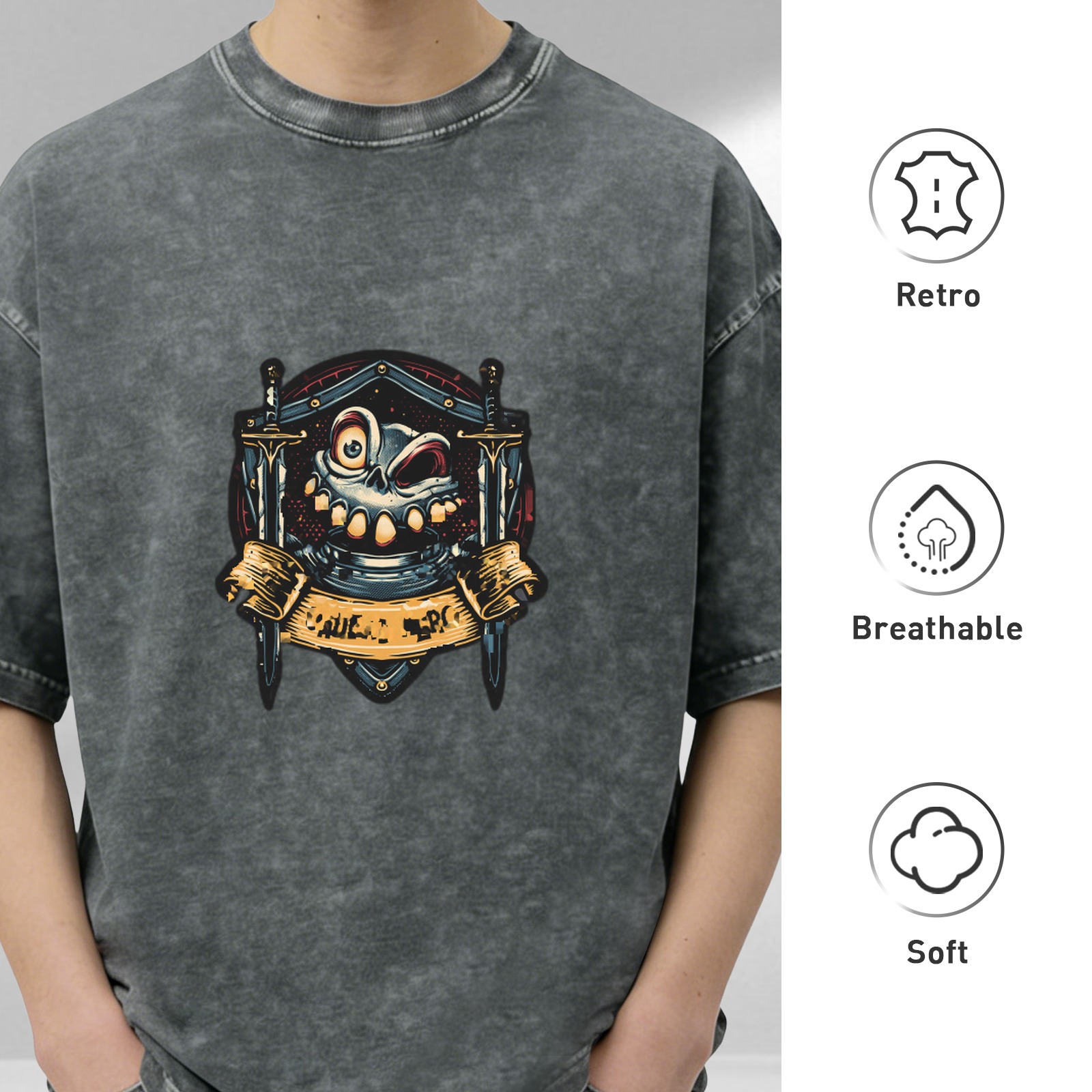 Washed Black Oversized T-Shirt With Cartoon Skull Swords Graphic