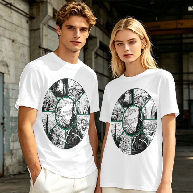 Olive Green T-Shirt With Circular Fantasy Landscape Art Print