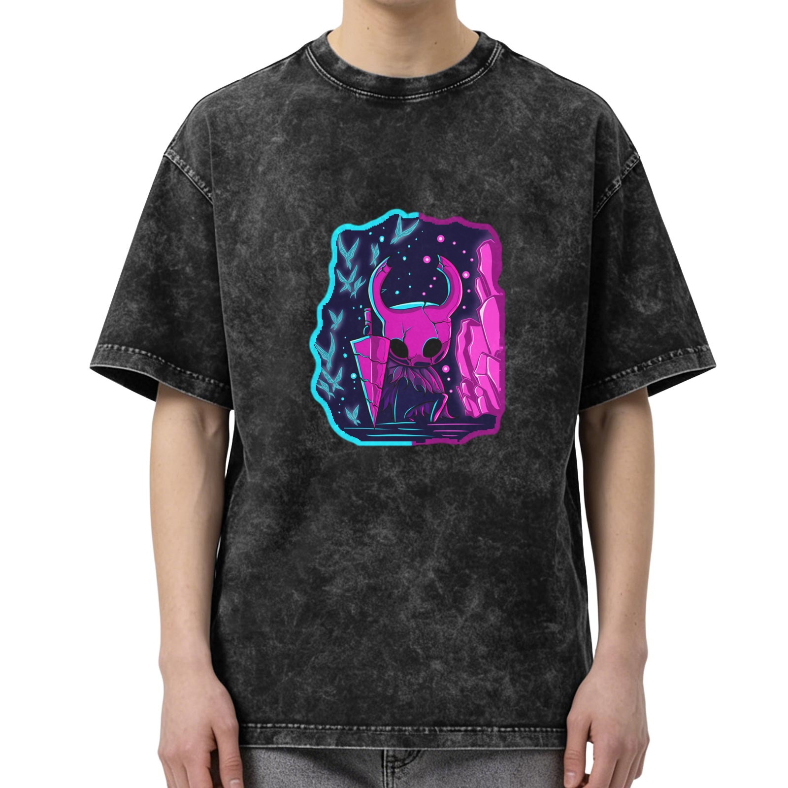 Hollow Knight neon style print distressed washed black loose short-sleeved T-shirt