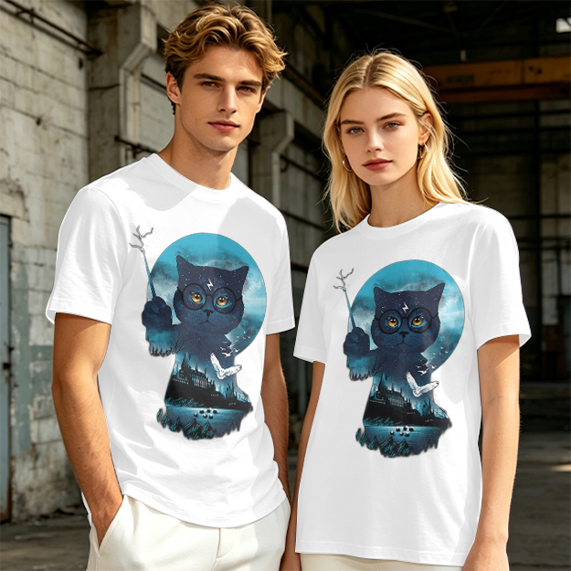 Olive T-shirt with Harry Potter themed wizard cat graphic