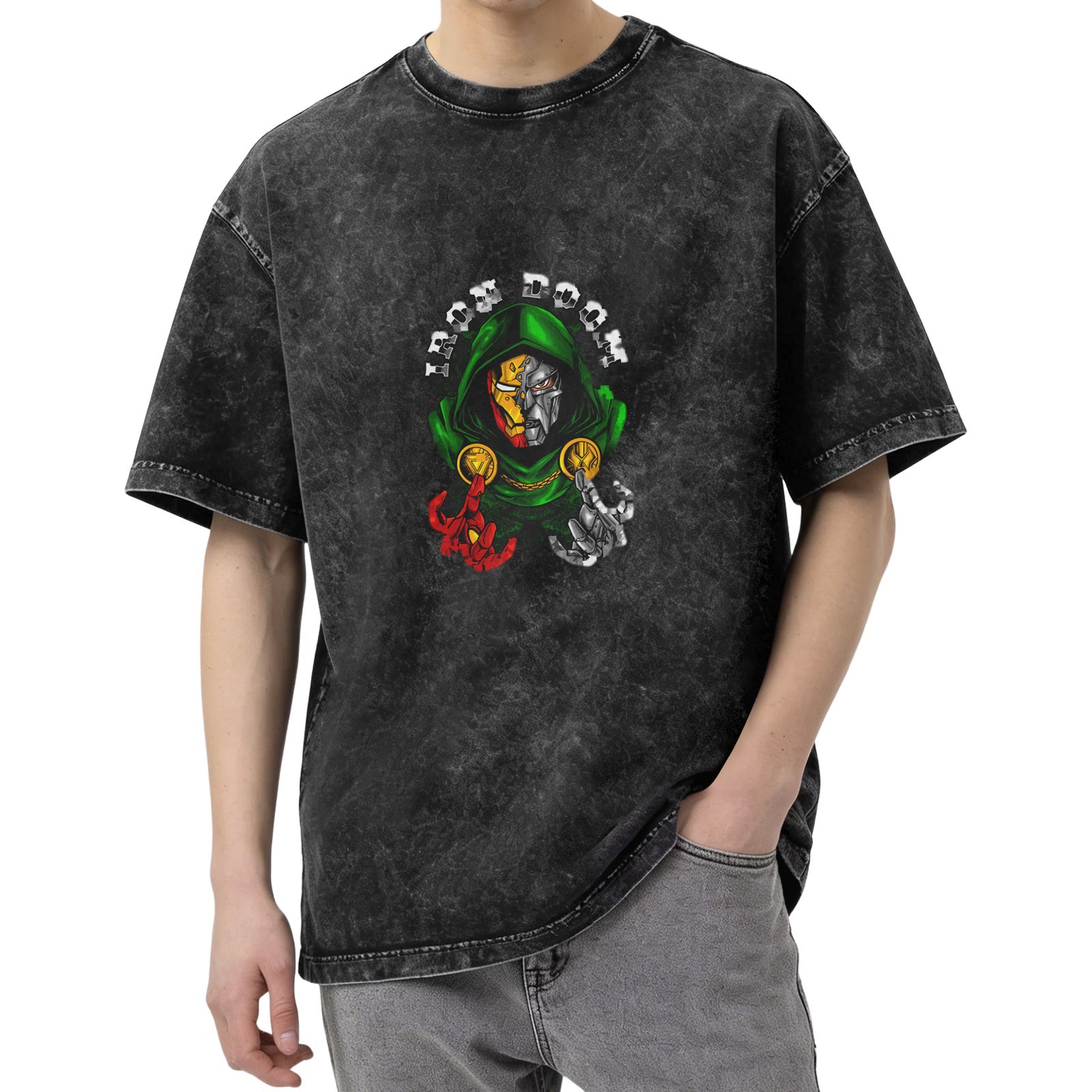 Iron Doom Graphic Acid Wash Black Oversized T-Shirt