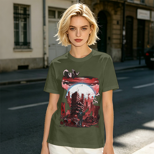 Olive Graphic T-Shirt with Post-Apocalyptic Cityscape Print