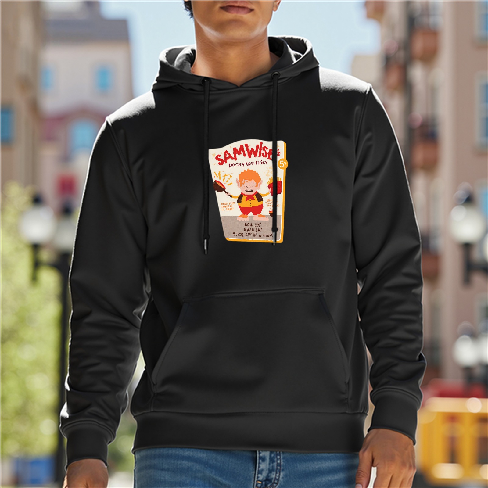 Black hoodie with Samwise's potato-themed graphic print