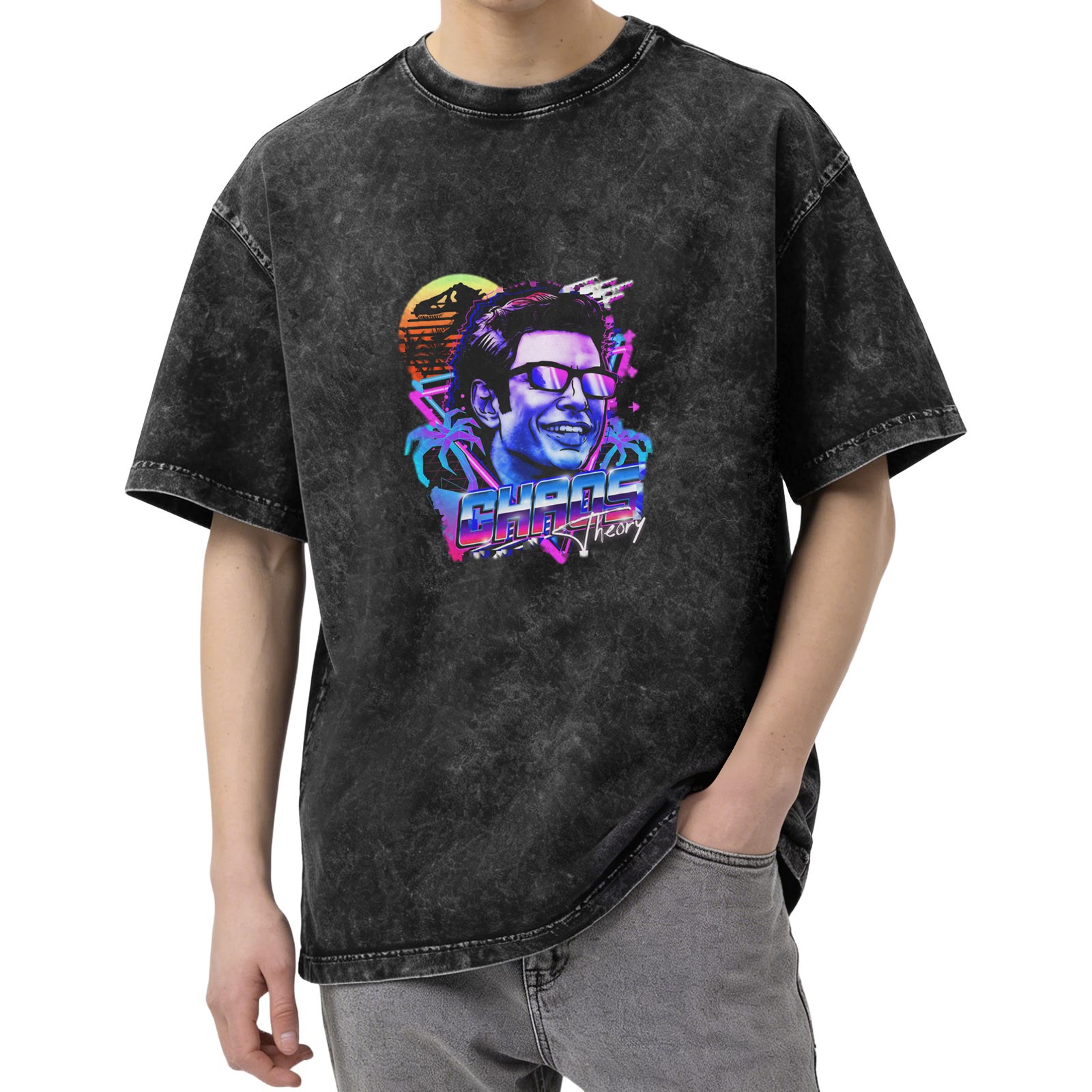 Retro vaporwave Chaos Theory print washed black loose short-sleeved T-shirt