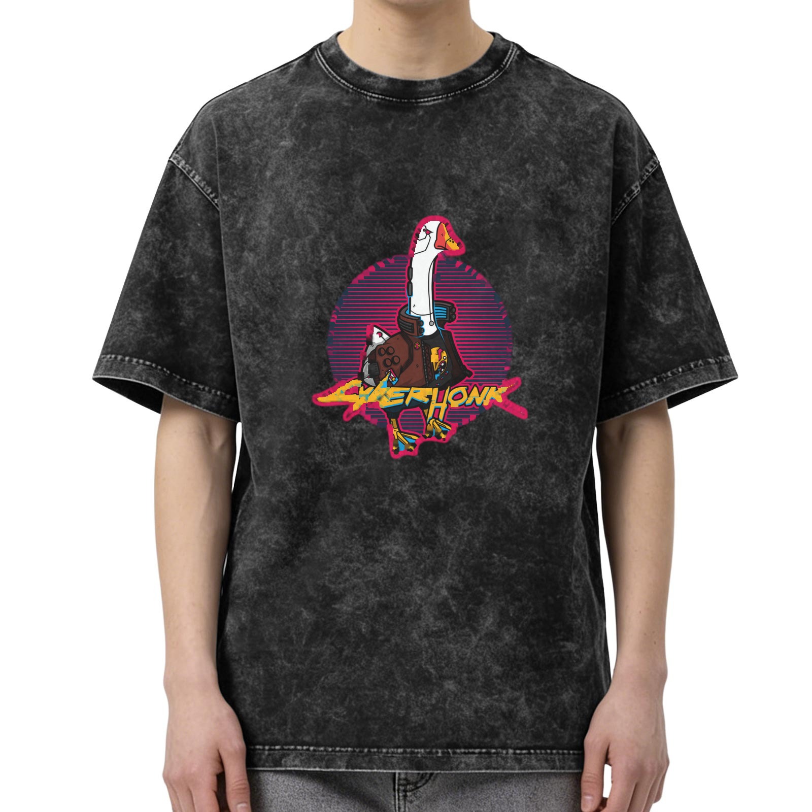 Cyber ​​Honk retro washed distressed style fun goose pattern short-sleeved T-shirt street fashion casual top