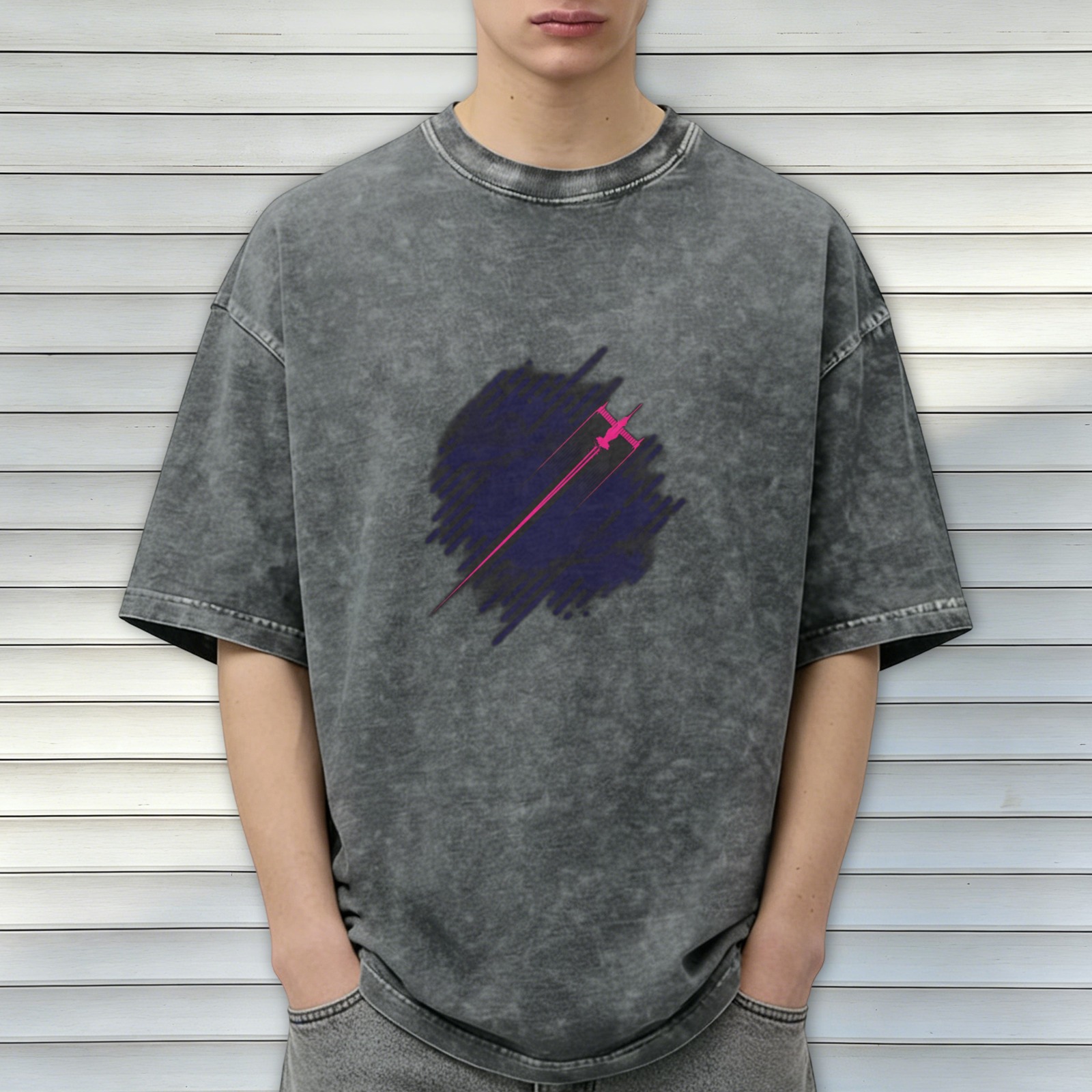 Distressed washed black loose short-sleeved T-shirt with pink and purple fighter print
