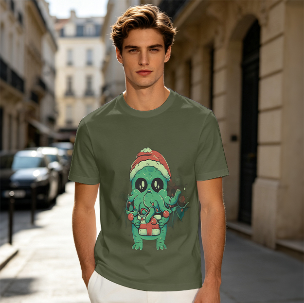 Olive Green T-Shirt With Cute Christmas Cthulhu Graphic