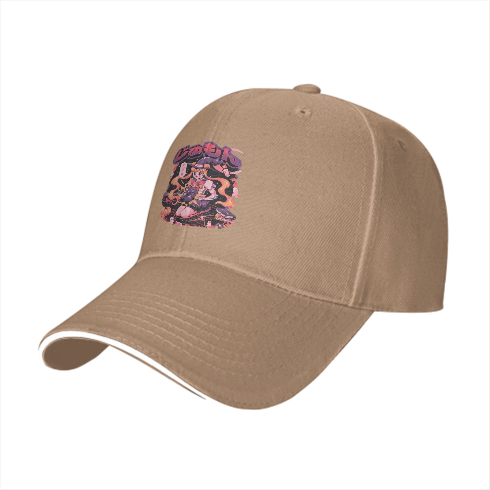 Black baseball cap with anime witch graphic print