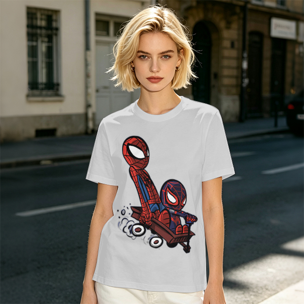 Olive T-shirt with Chibi Spider-Men Riding a Wagon Graphic