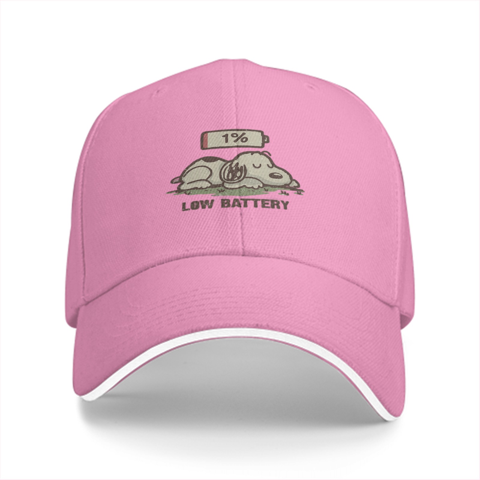 Black baseball cap with low battery sleeping dog graphic