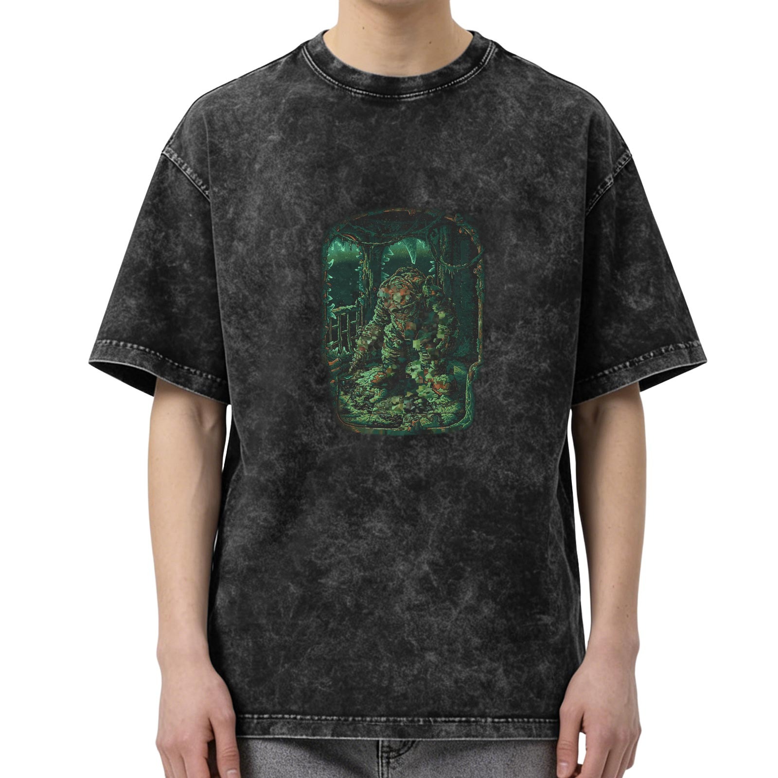 Washed Black Oversized T-Shirt With Underwater Monster Graphic