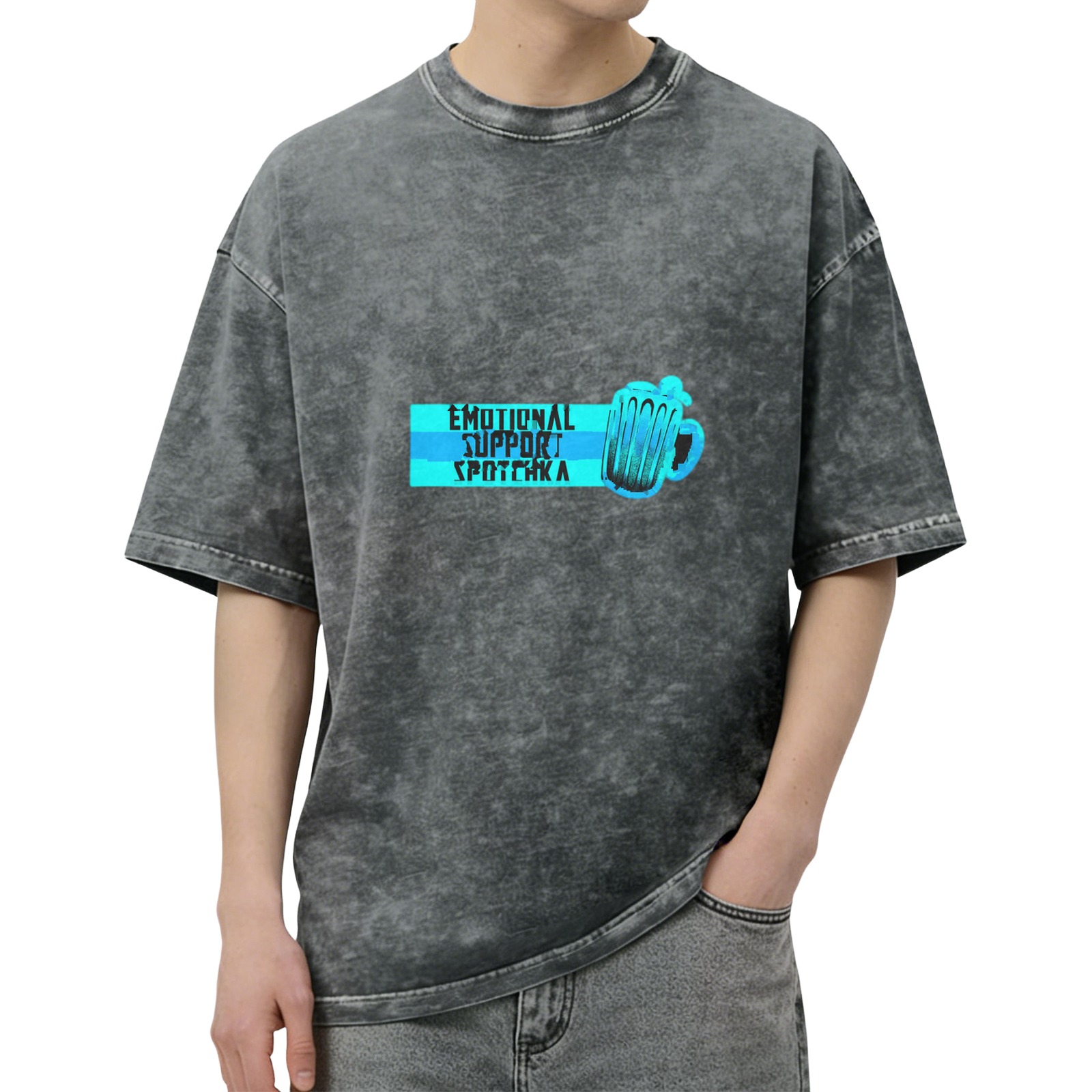 Oversized Acid Wash T-Shirt With Emotional Support Spotchka Beer Mug Print