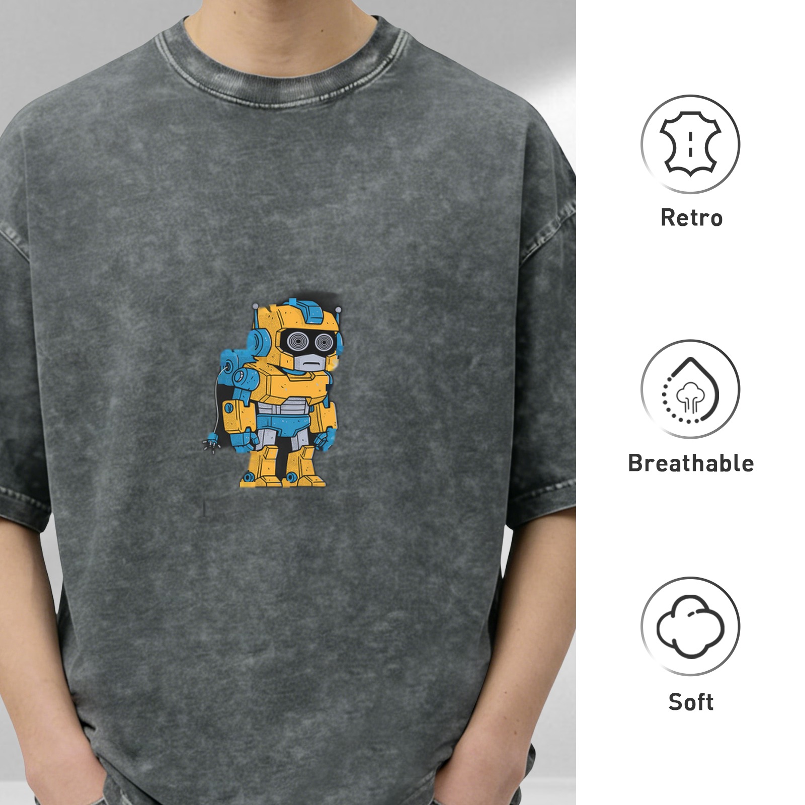 Oversized Acid Wash T-Shirt With Cute Yellow Robot Graphic