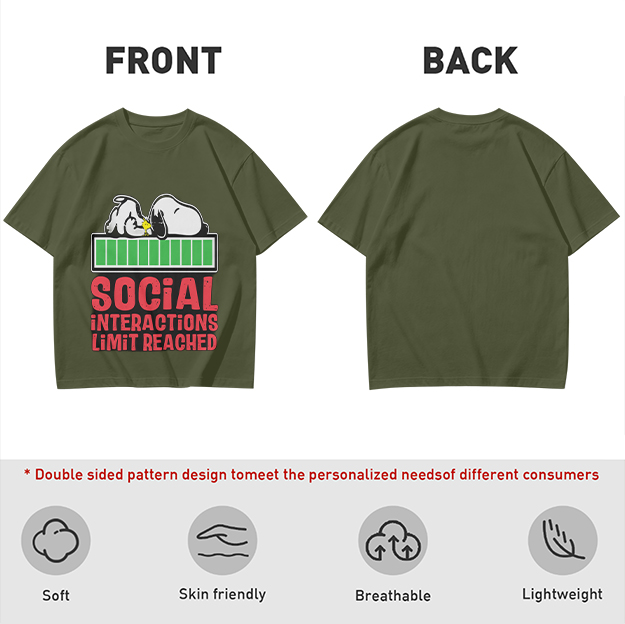 Olive t-shirt with Snoopy 'Social Interactions Limit Reached' print