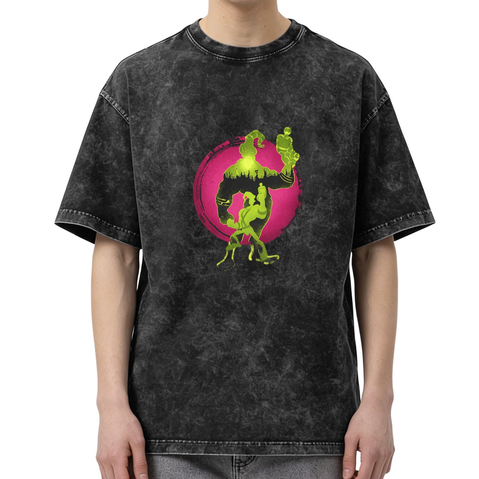 Oversized Acid Wash T-Shirt With Neon Green Cartoon Silhouette Print