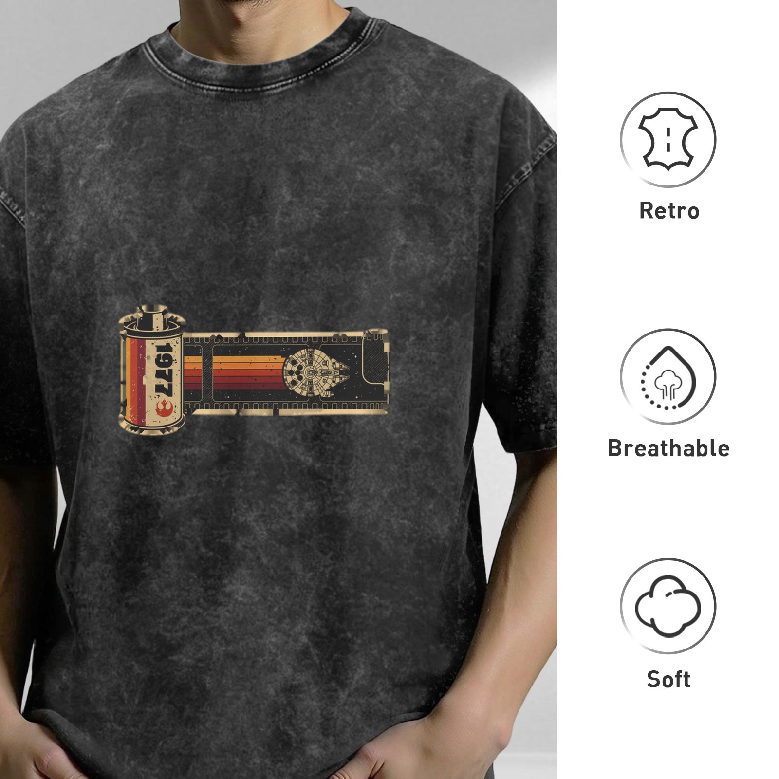 Oversized Acid Wash T-Shirt with 1977 Film Reel Graphic