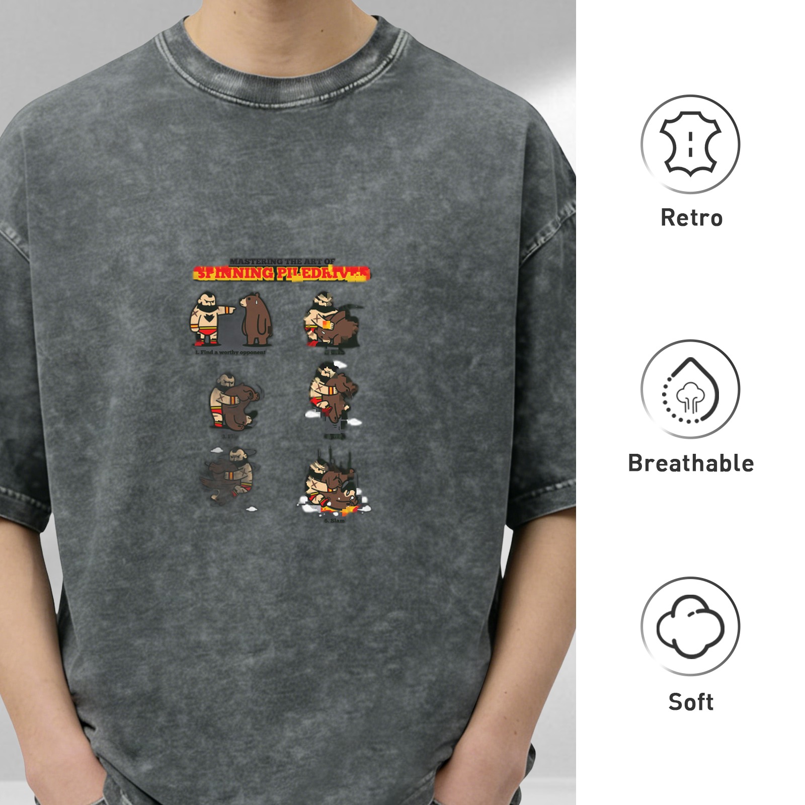 Distressed washed black loose short-sleeved T-shirt Cartoon wrestler storyboard print SPINNING BEAR casual top