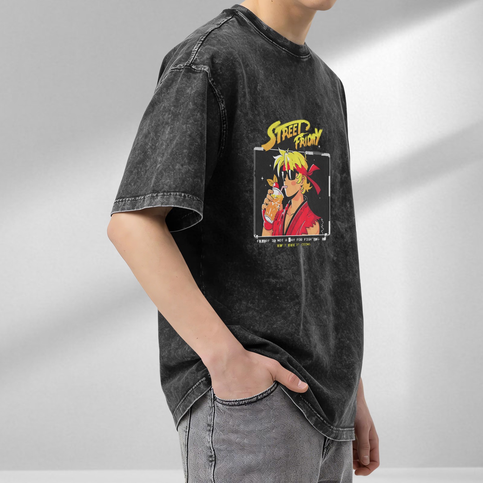 Street Friday Anime Fighter Drink Graphic Acid Wash T-Shirt