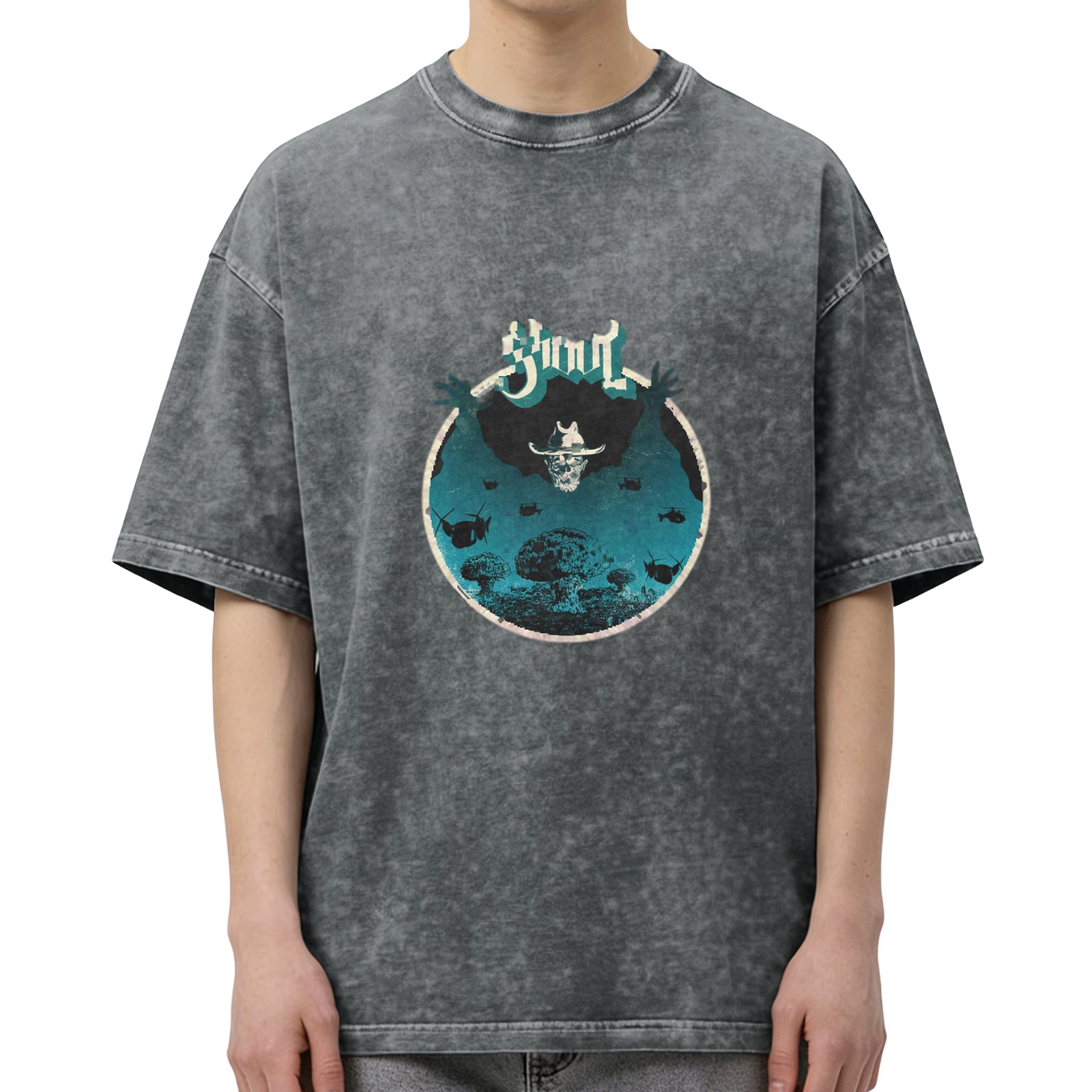 Washed Black Graphic T-Shirt with Skull and Mushroom Cloud Art