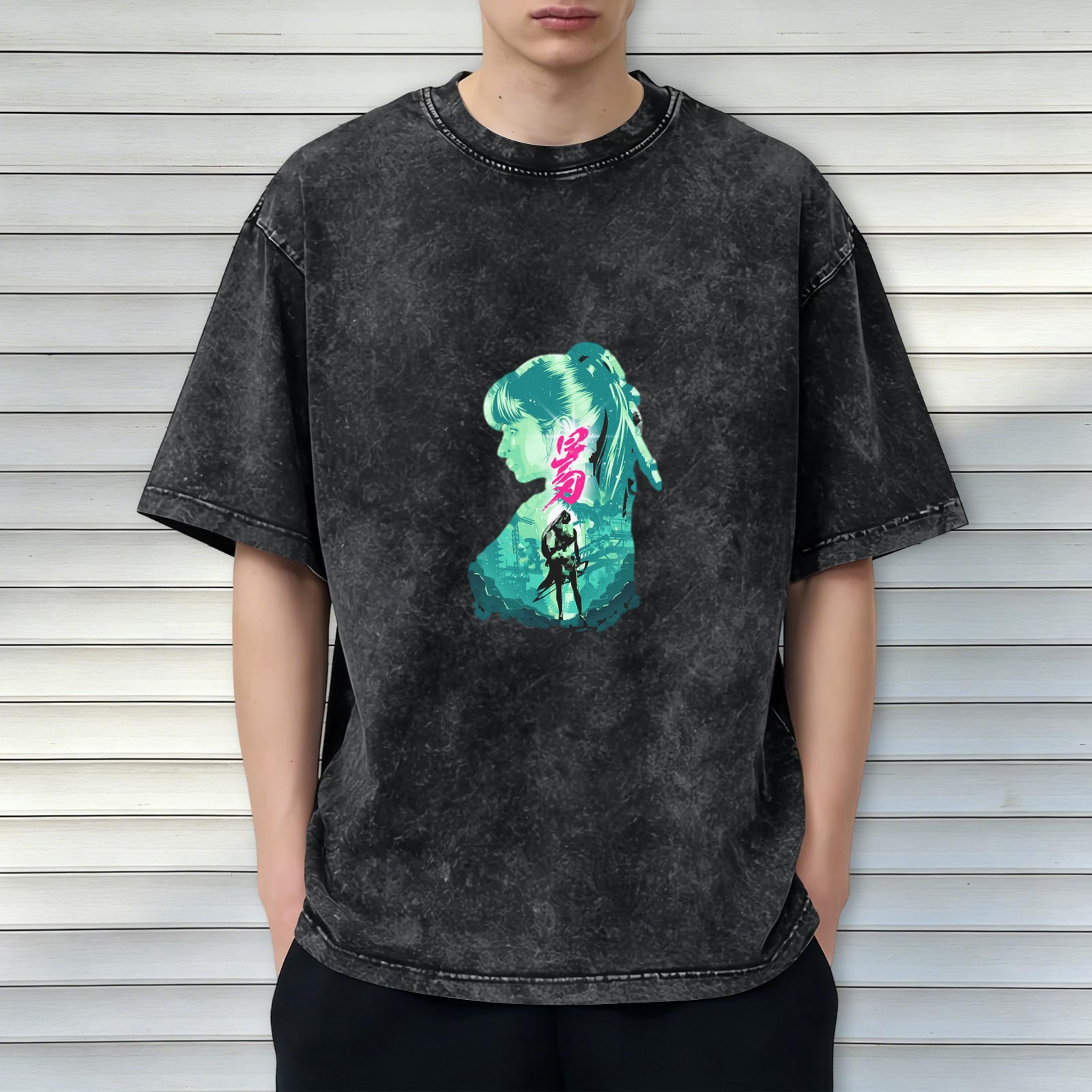 Washed Black Graphic T-Shirt with Neon Anime Girl Silhouette Print