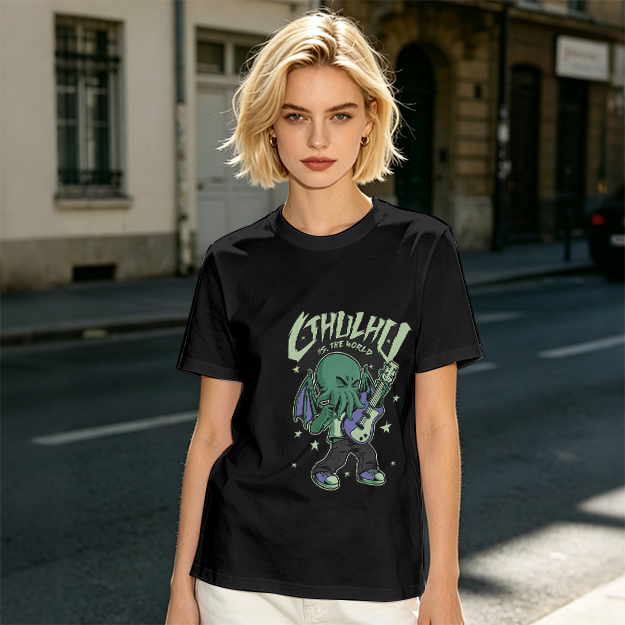 Olive T-Shirt Featuring Chibi Cthulhu Rocking a Guitar