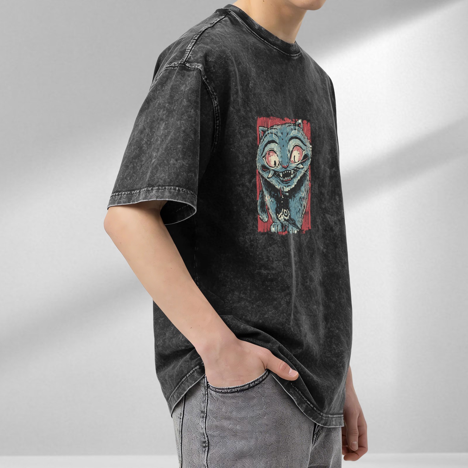 Oversized Acid Wash T-Shirt With Creepy Blue Cat Graphic