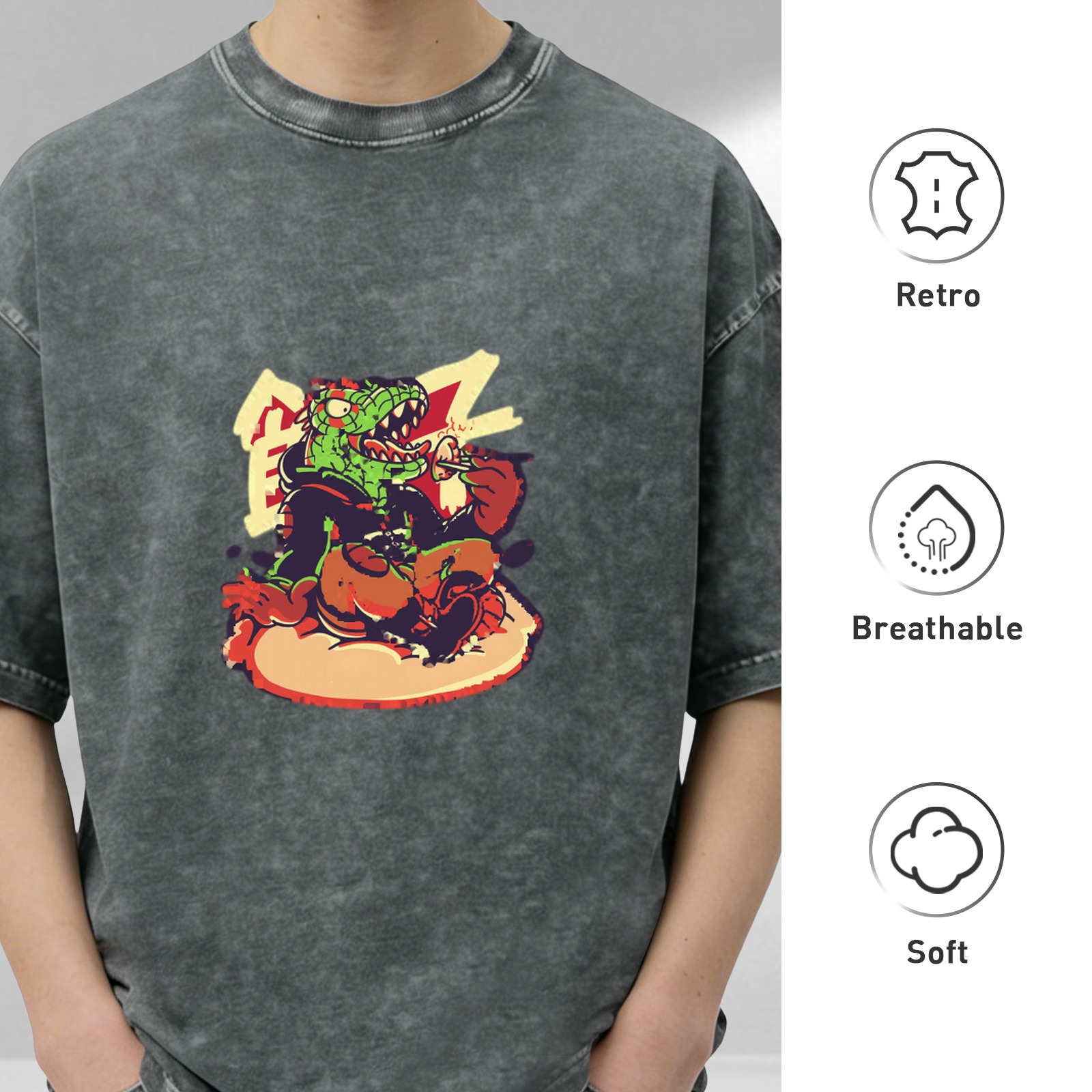 Oversized Acid Wash T-Shirt With Cartoon Crocodile Eating Burger Graphic