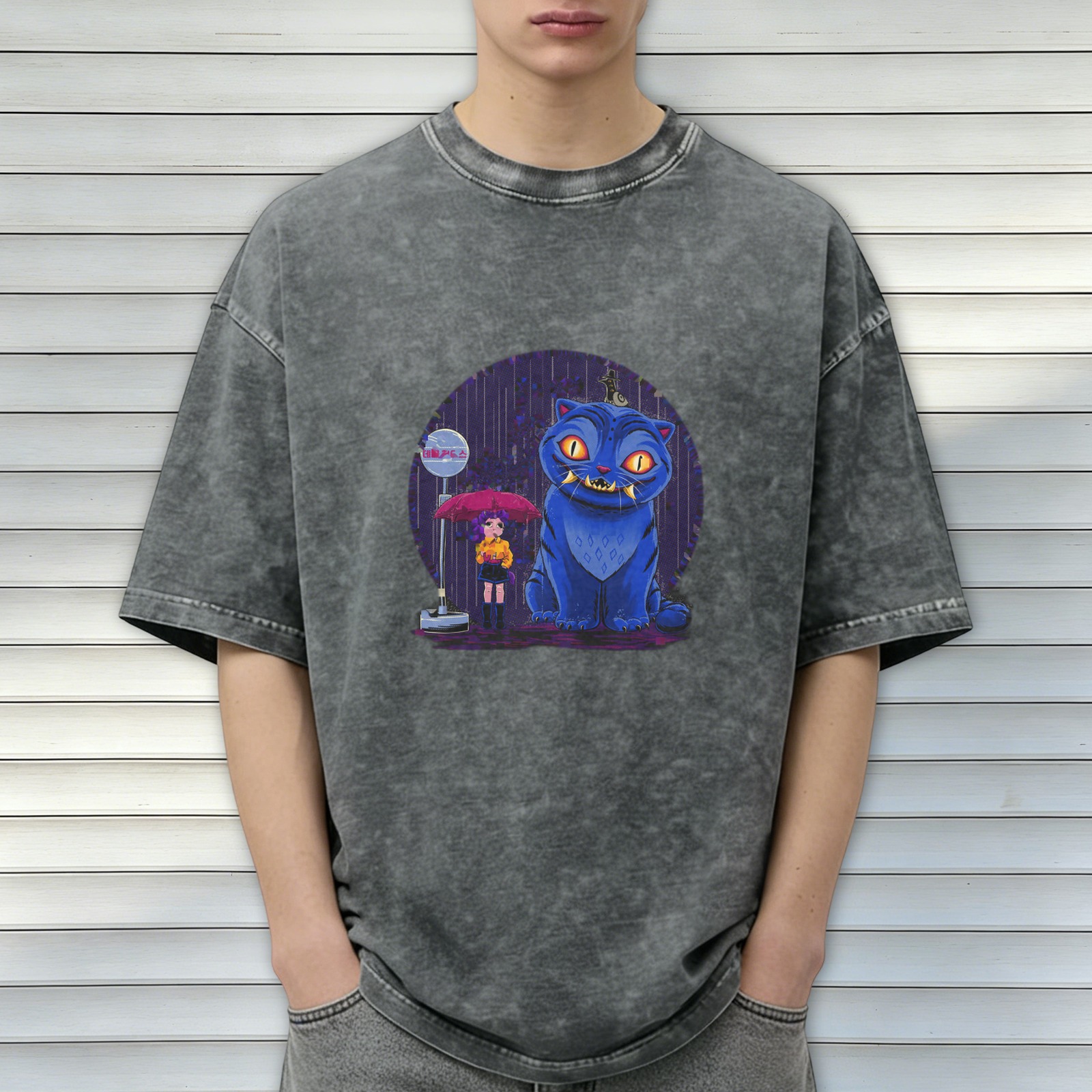Oversized Acid Wash T-Shirt With Blue Cheshire Cat And Girl Graphic