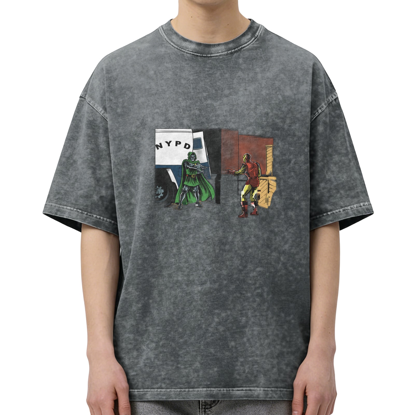 Oversized Acid Wash Graphic T-shirt with Comic Superhero Print