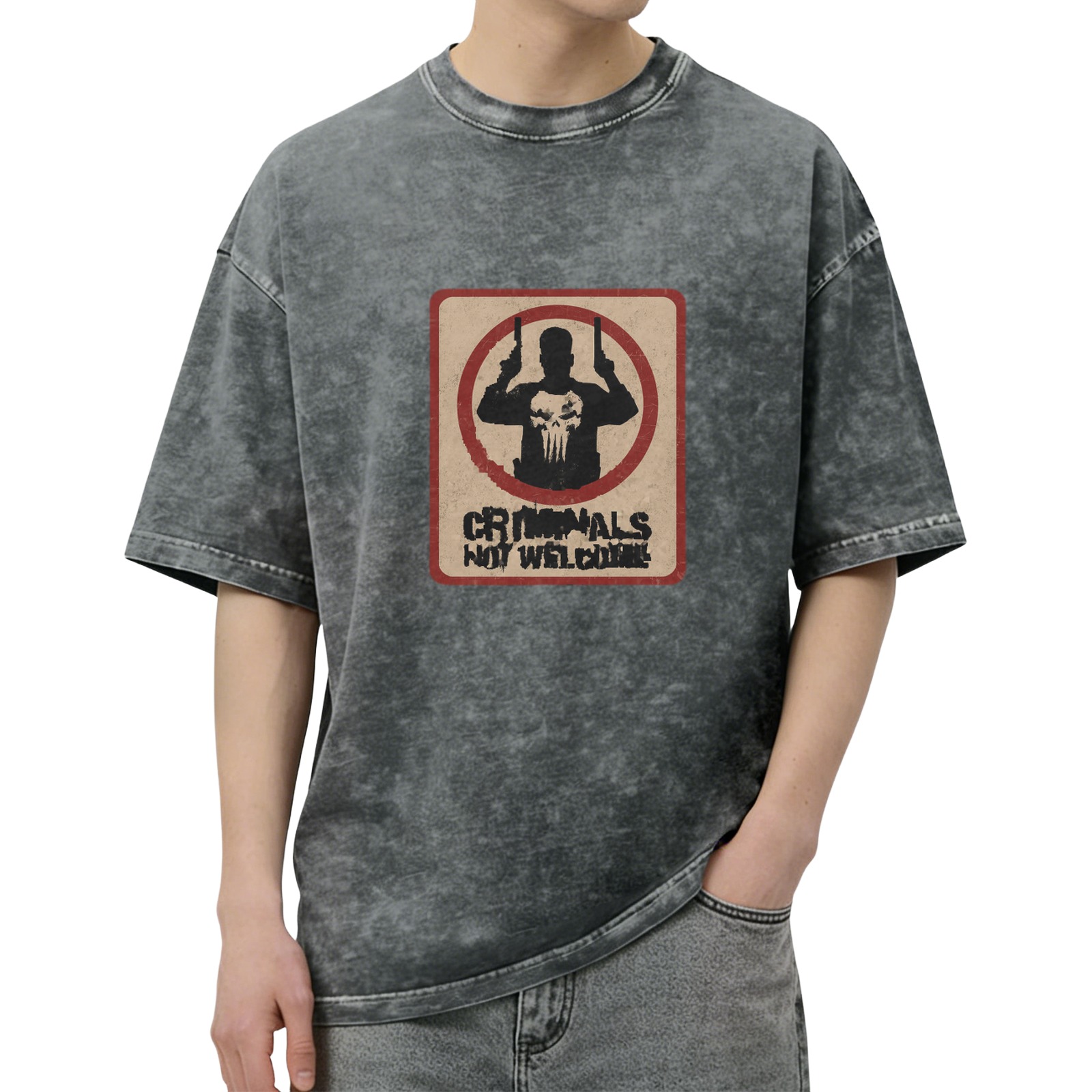 Washed black t-shirt with Punisher criminals not welcome graphic