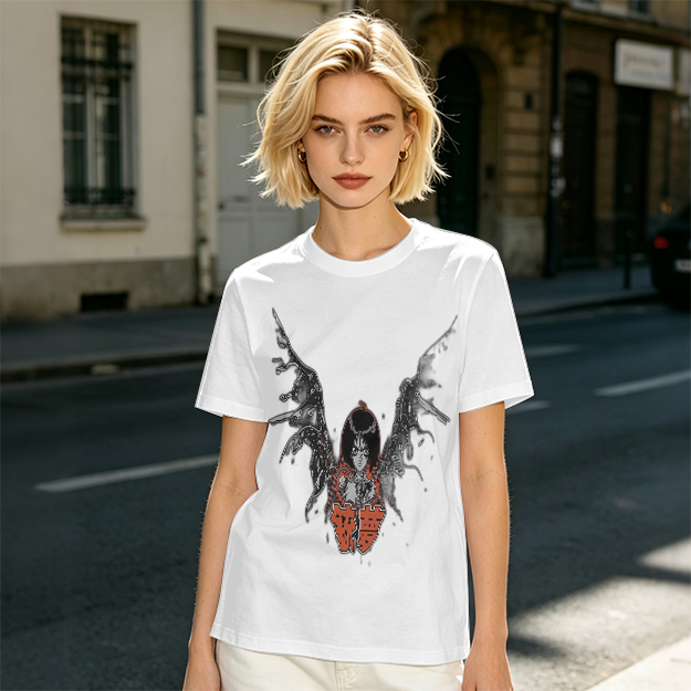Olive T-shirt with Cybernetic Angel Graphic Print